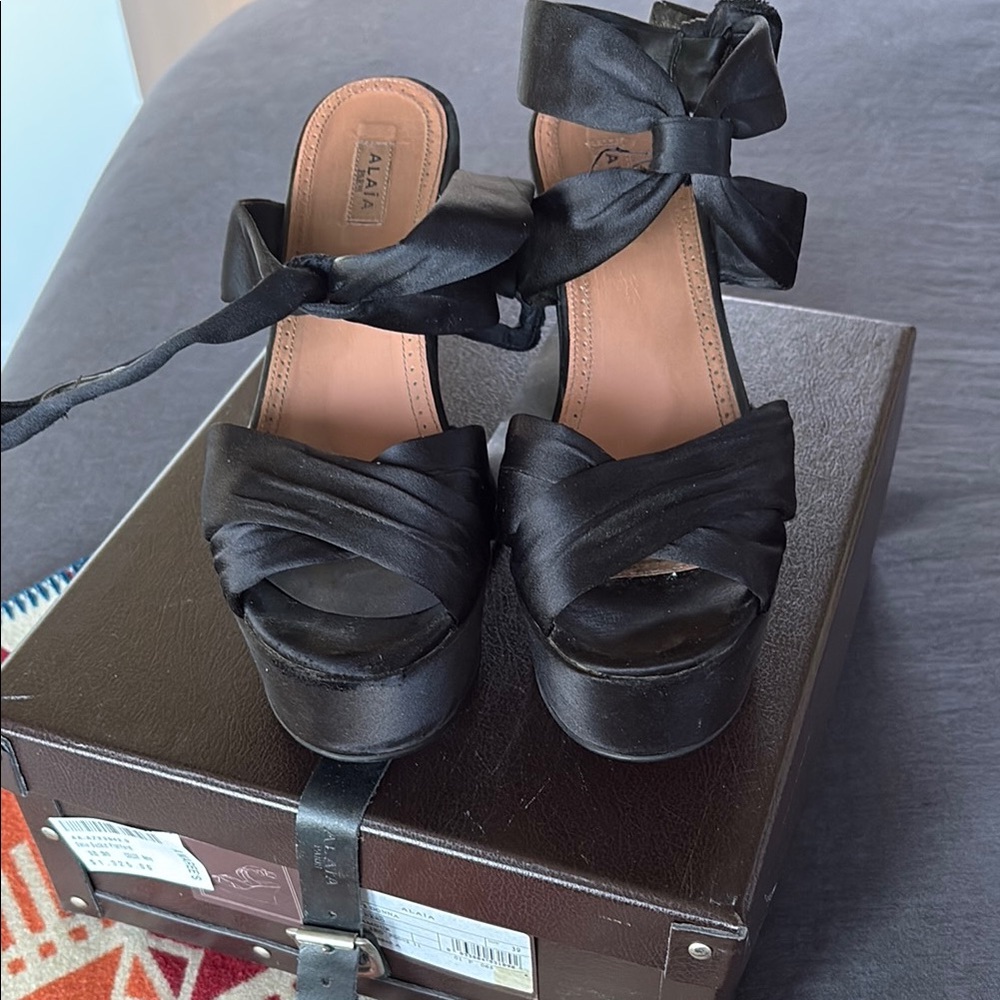 Alaia Black Satin Platform Heels